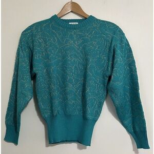 Nils Wool Blend Sweater Vintage 80s Women's Small Teal and Gold Metallic